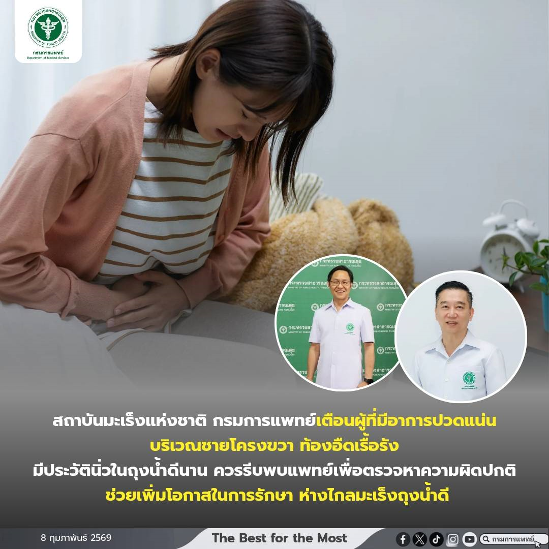 สถาบันมะเร็งแห่งชาติ กรมการแพทย์เตือนผู้ที่มีอาการปวดแน่นบริเวณชายโครงขวา ท้องอืดเรื้อรัง มีประวัตินิ่วในถุงน้ำดีนาน ควรรีบพบแพทย์เพื่อตรวจหาความผิดปกติ ช่วยเพิ่มโอกาสในการรักษา ห่างไกลมะเร็งถุงน้ำดี